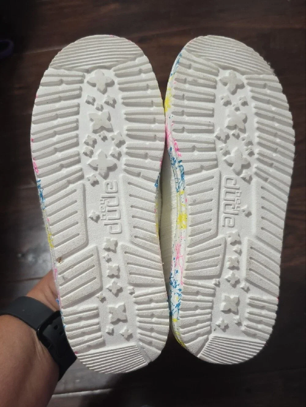 Hey Dude Kids White Canvas Slip-Ons with Yellow Lining and Multicolor Trim